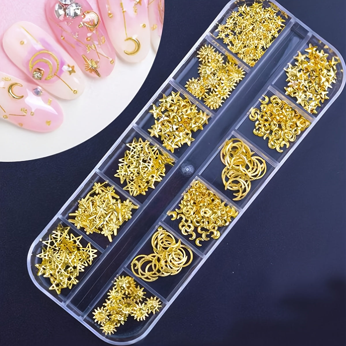 12 Grids 1000pcs Moon Star Nails Golden Metallic Nail Sequins Charms 3D Nail Art Tips Decoration Press On Manicure Supply DIY Nail Gems Nail Supplies